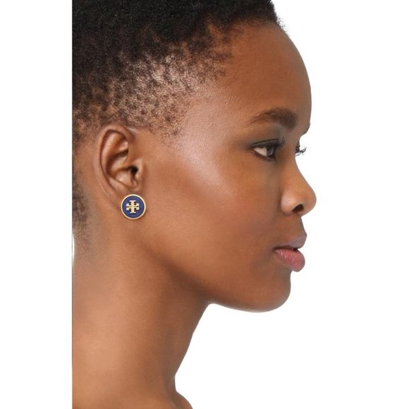 NEW Tory Burch Stud Semi-precious Lapis/Vintage Gold Earrings - Picture 2 of 9